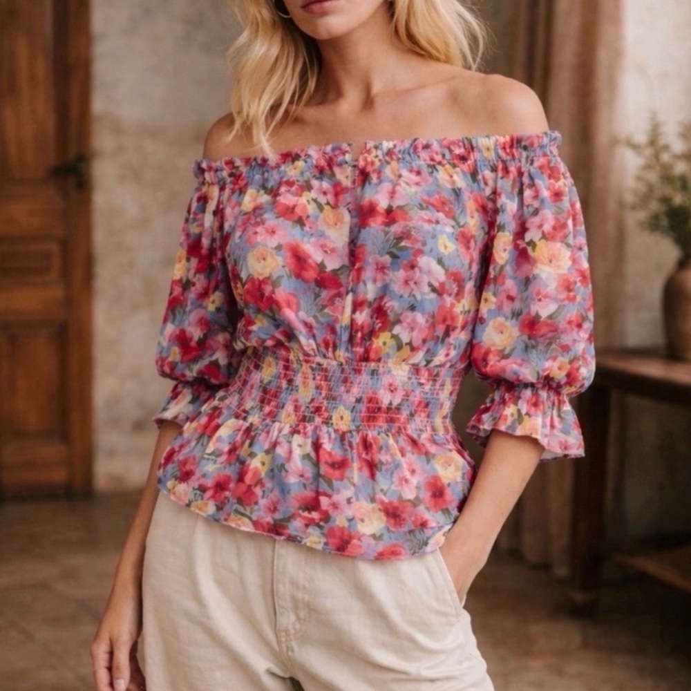 L'Agence Aubriella Off the Shoulder Floral Blouse Cottagecore - Large - EUC